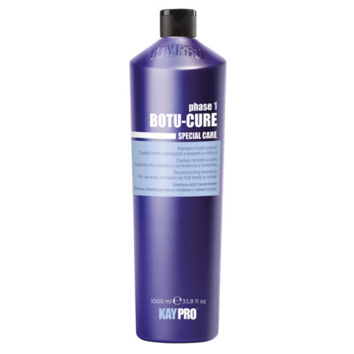 Kaypro Botu-Cure Reconstructing shampoo on erinomainen värjätyille ja käsittelyille hiuksille. Suojaa väriä ennenaikaiselta haalistumiselta ja vahvistaa. Kaypro Botu-Cure Reconstructing shampoo tehokkaasti puhdistaa, ravitsee, kosteuttaa, antaa pehmeyden ja kiillon. 1000 ml