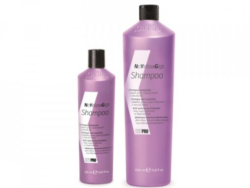 KayPro No Yellow Gigs Shampoo keltaisuutta poistava ja hoitava shampoo lisää hiuksiin myös kiiltoa. Sisältää silkkiproteiinia ja viiniuutteita. 350 ml.