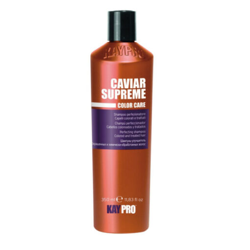 KayPro Caviar Supreme Shampoo on erinomainen värjätyille ja käsittelyille hiuksille. Suojaa väriä ennenaikaiselta haalistumiselta ja vahvistaa. Tehokkaasti puhdistaa, ravitsee, kosteuttaa, antaa pehmeyden ja kiillon. 350 ml