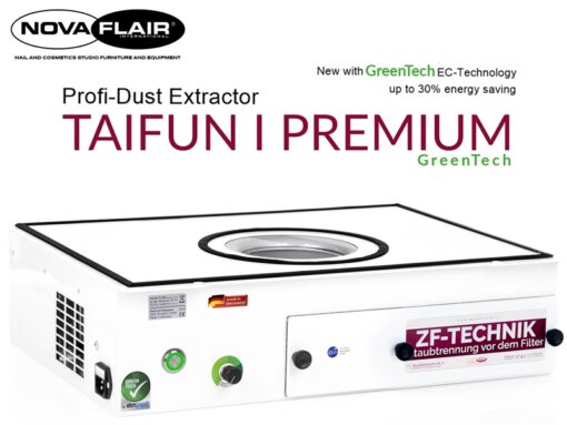 Nova Flair Taifun I Premium kynsi-imuri. Ammattikäyttöön tarkoitettu kynsipöytäimuri TAIFUN 1 on eniten myyty laite. Nyt sarjaan on lisääntynyt TAIFUN 1 Premium GreenTech.